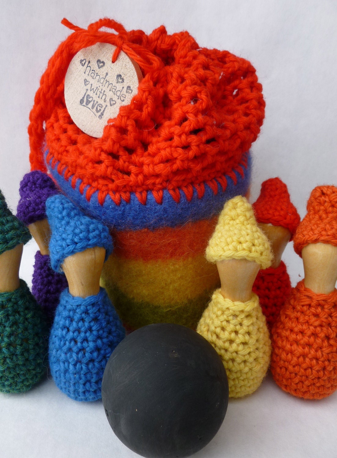Gnome Bowling set with felted wool bag