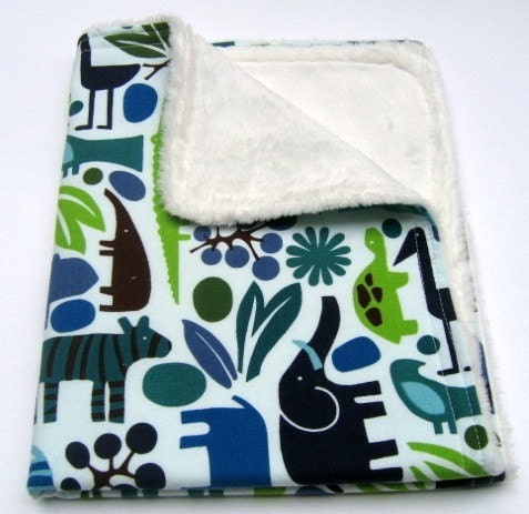 Security Blanket - Minky and 2 D Zoo in Blue - Ready to Ship