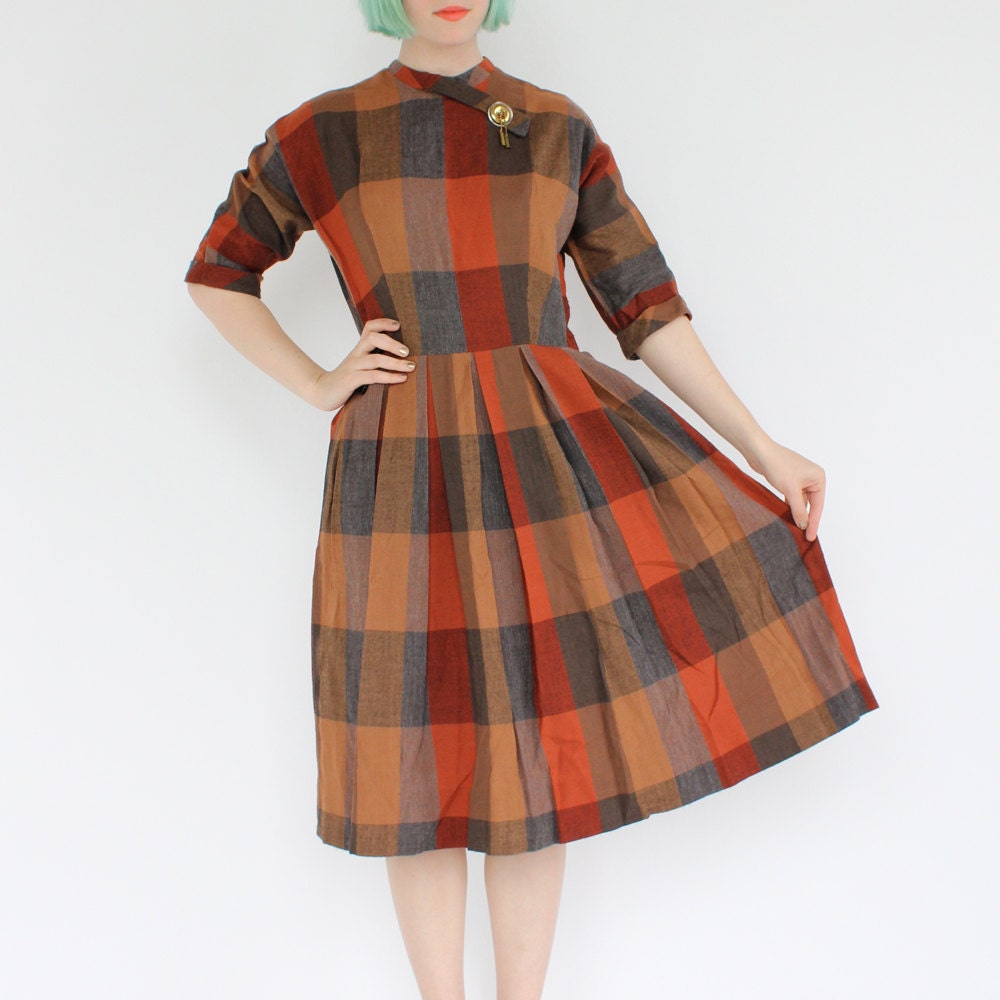 vintage 1950's juniors HARVEST PLAID brass chain wool dress
