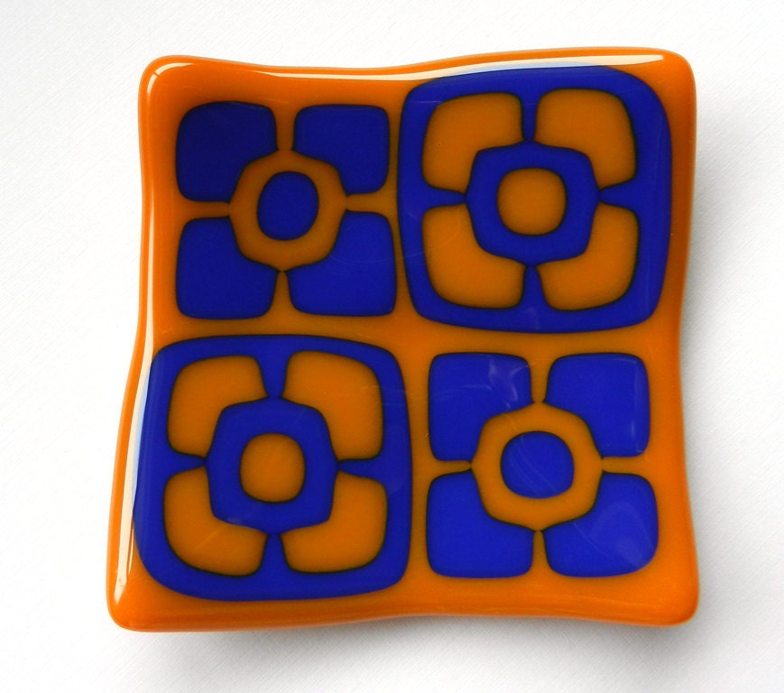 Orange and dark cobalt blue fused glass mini plate