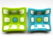 Turquoise and Lime Green fused glass mini plate set of two