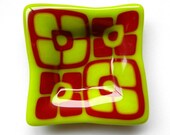 Red and Lime Green Mod Flowers fused glass mini plate