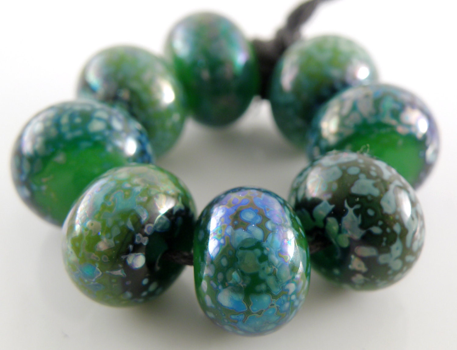 Envious - Handmade Artisan Lampwork Glass Round Beads 8mmx12mm - Greens, Metallics - SRA (Set of 8 Beads)