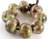 Dusky Roses - Handmade Artisan Lampwork Glass Beads 8mmx12mm - Greens, Pinks, Beige - SRA (Set of 8 Beads)