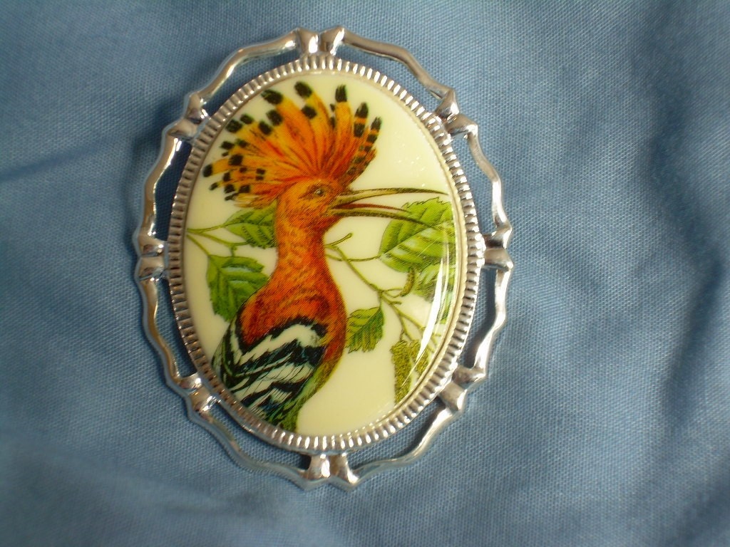 Bird of Paradise Vintage Cameo set in metal frame  brooch pendant steampunk FREE SHIPPING