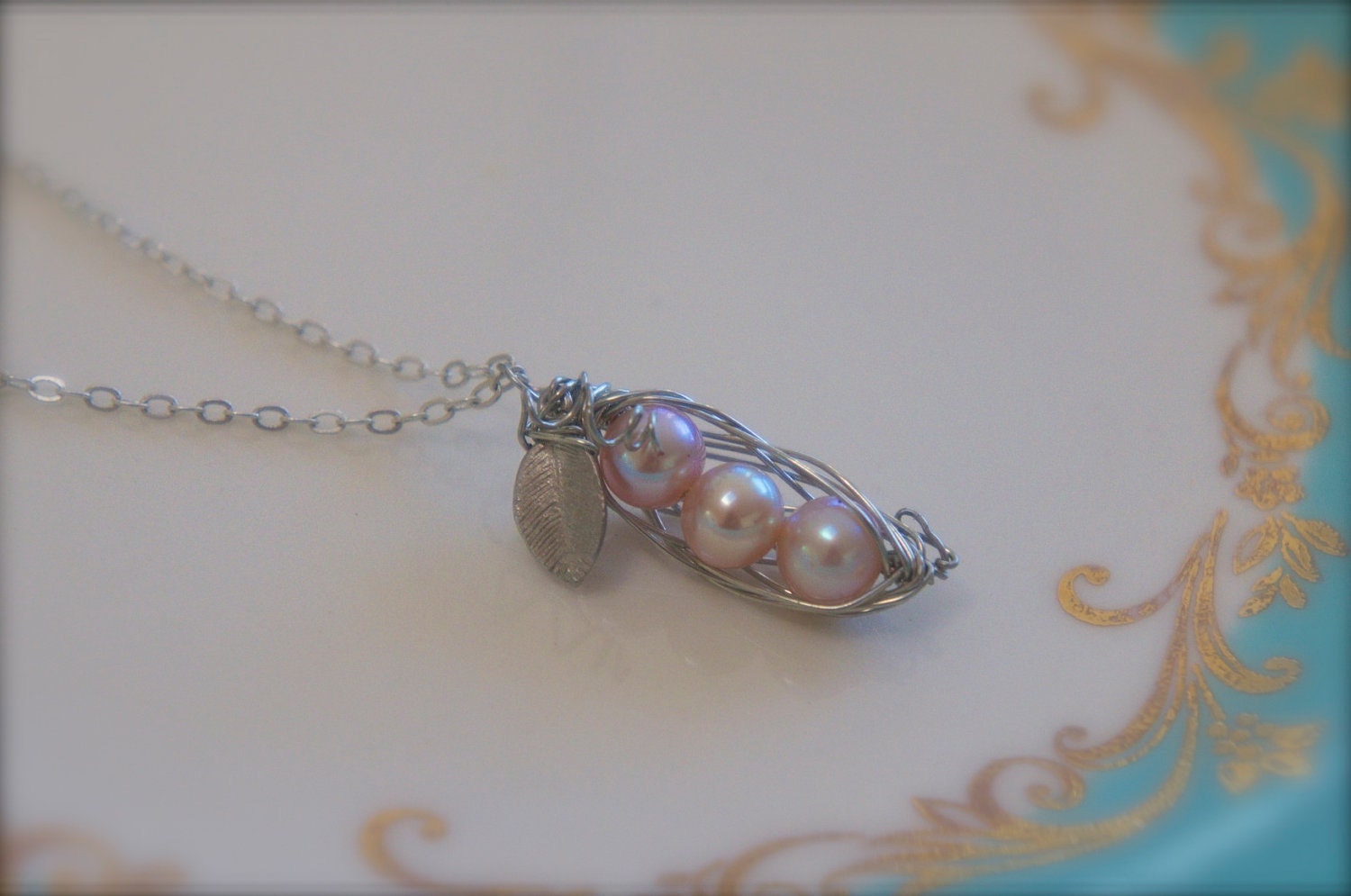 3 Peas in Pink Pearls Pea Pod Necklace