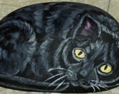Black Cat hand Painted Rock Art Figurine Paper Weight OOAK