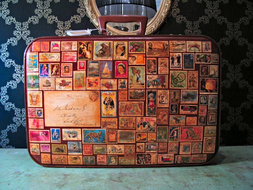 Around the World in 80 Stamps Vintage Travel Luggage Suitcase SALE