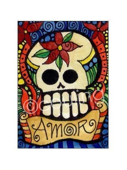 Amor Sugar Skull - Day of the Dead ATC / Art Card / ACEO Print
