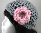 Lacy Crocheted Hat with Large Flower Clip - Women Crochet Hat in Grey
