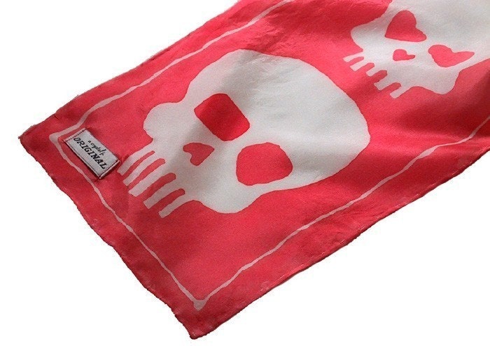 silk scarf  with hand painted skulls - oblong -  you pick the color