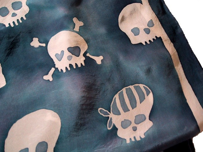 hand painted silk skull scarf - large square - navy blue