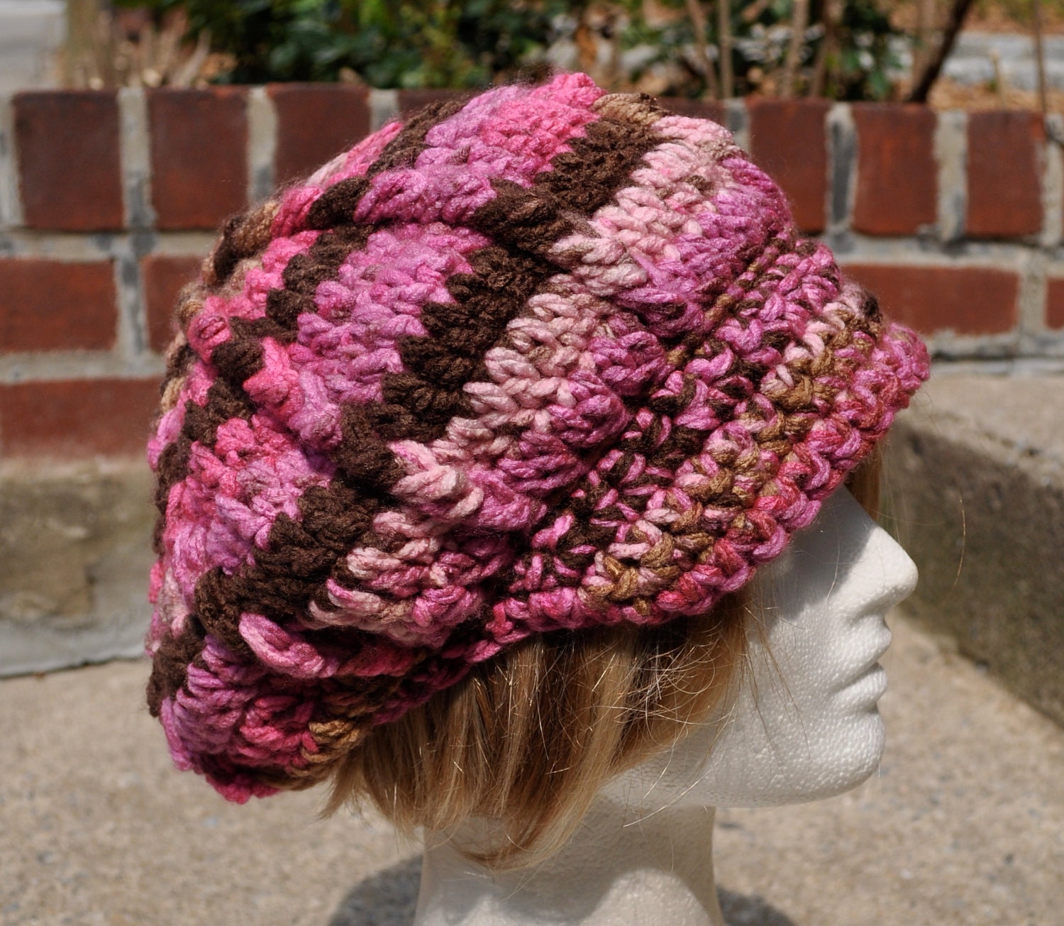 Pink and Brown Variegated Crocheted Newsboy Hat