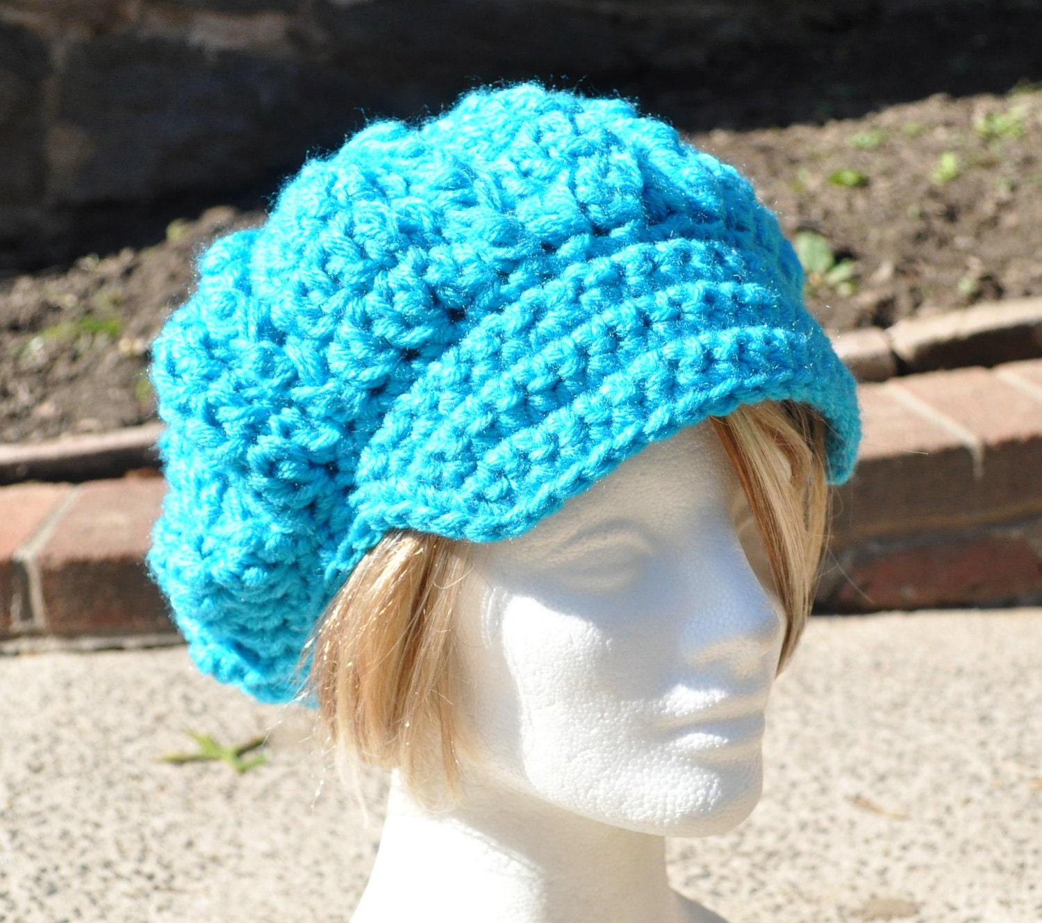 Aqua Blue Crocheted Newsboy - Crocheted Hat with Brim
