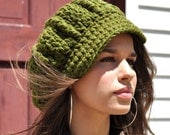 Woman's Crochet Hat - Olive Green - Crocheted Newsboy Hat for Adult