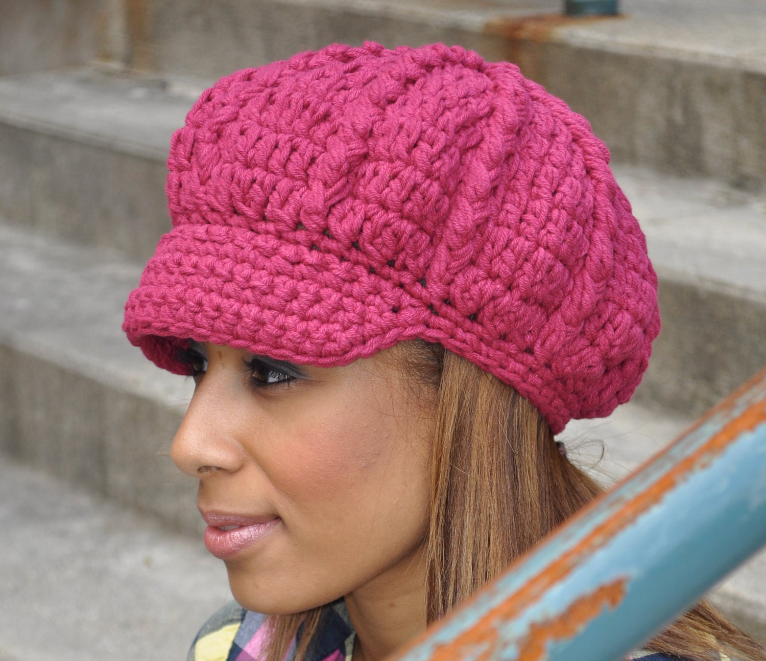 Fuscia Cotton Sunhat - Newsboy Style Crochet Hat - Summer Accessories