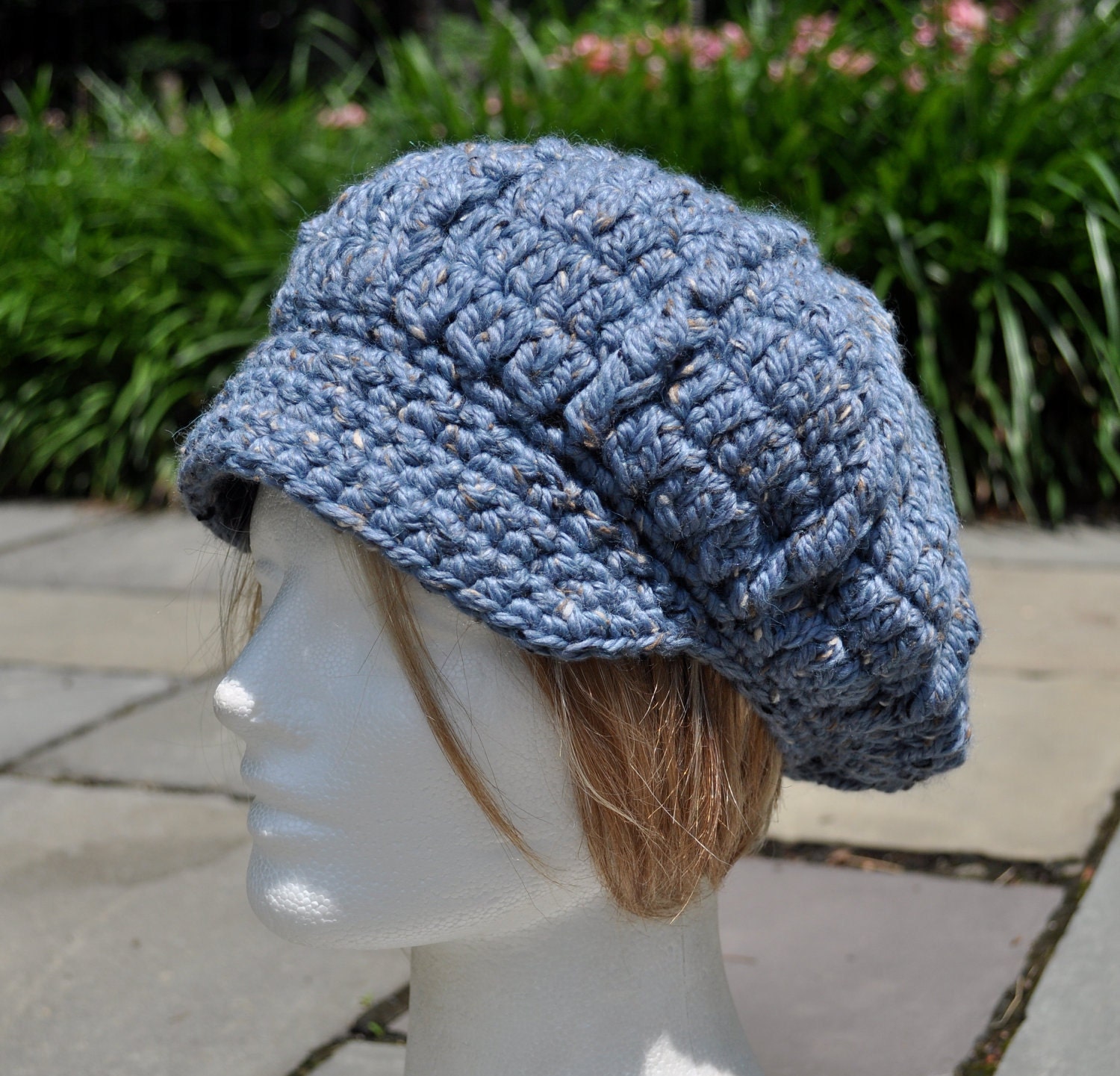 Crocheted Wool Newsboy Hat - Blue Crocheted Hat