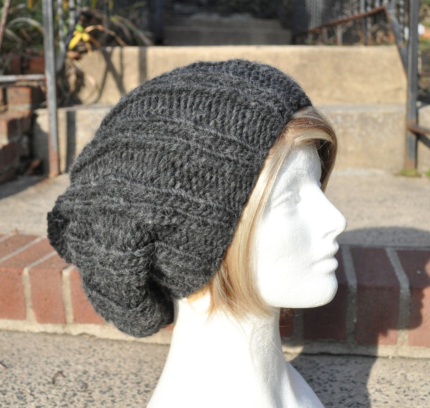 Charcoal Grey Knit Hat - Ribbed Knit Slouchy Hat with Pom Pom
