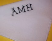 Hand Embroidered Men's Handkerchief -- Three Letter Monogram -- Straight Stem Font