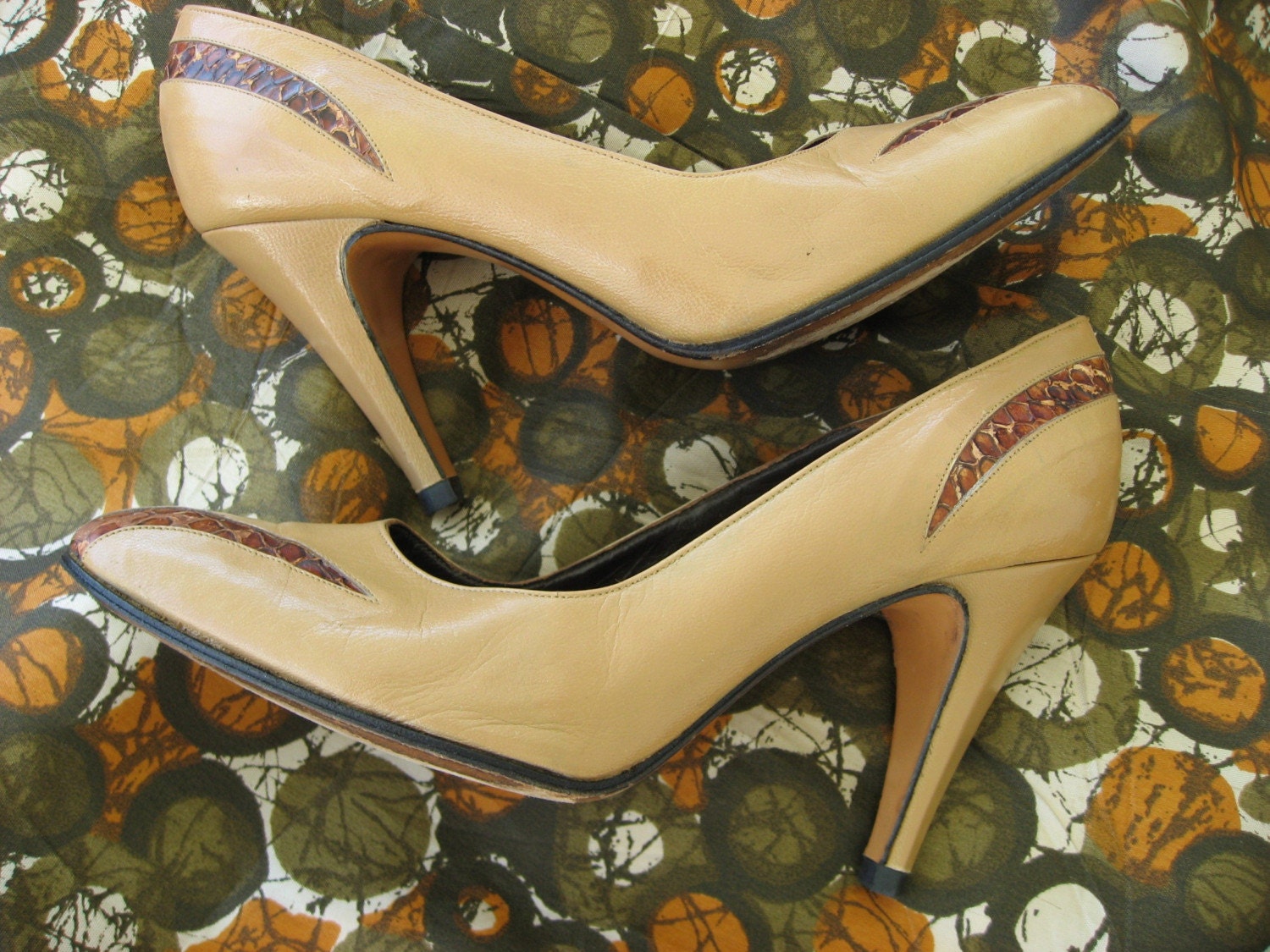 80s New Wave Italian Shoes - Pumps High Heels - Butterscotch Leather - Snakeskin - Euro 36.5