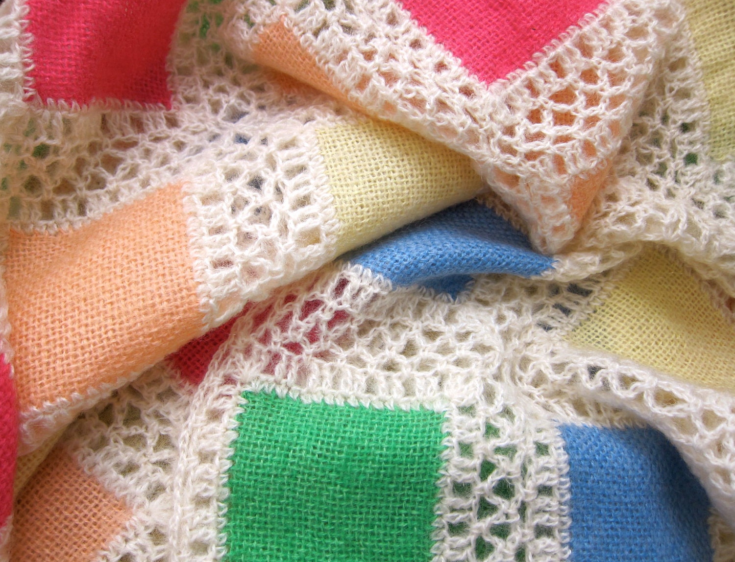 RESERVED Vintage Afghan Blanket Soft Geometry Squares - Cozy Woven Wool - Pastels Crochet Blankie - Shabby Cottage Chic