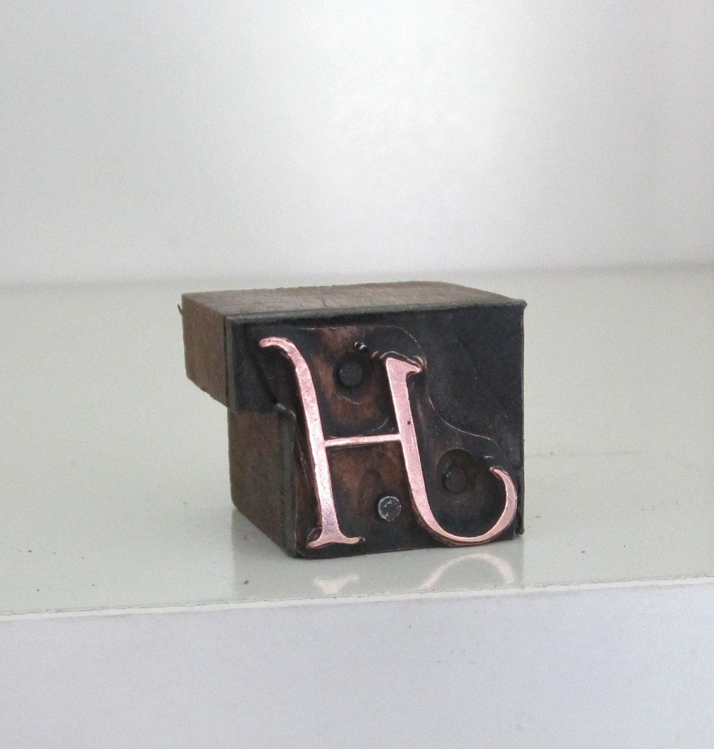Vintage Letterpress Printers Block Copper Vanity Initial H