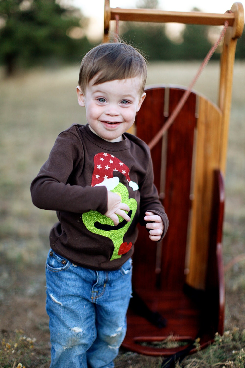 Boys Christmas applique long sleeve tshirt   READY TO SHIP in brown-toddler holiday outfit