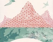 ARCHIVAL PRINT 'Passage' / map collage cartography travel birds mountains pattern embroidery geometry red thread