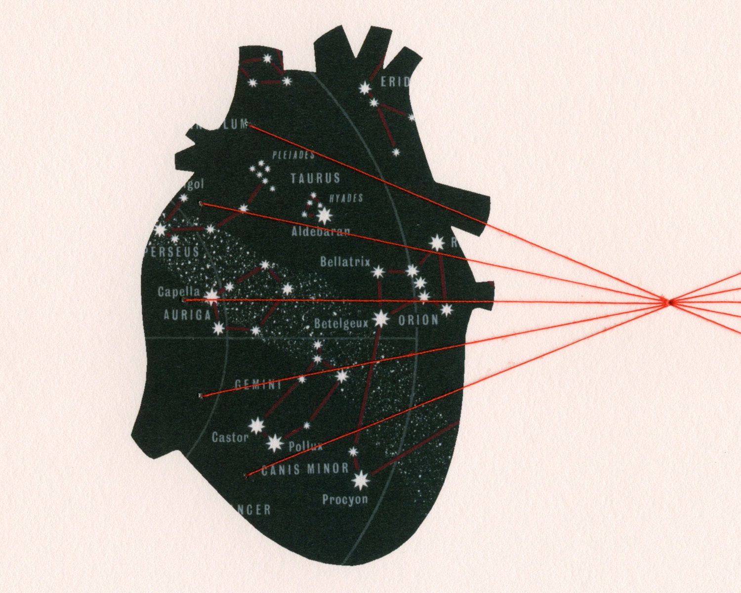 CUSTOM Embroidered Print 'Star Hearts' / map collage astronomy anatomy black red thread