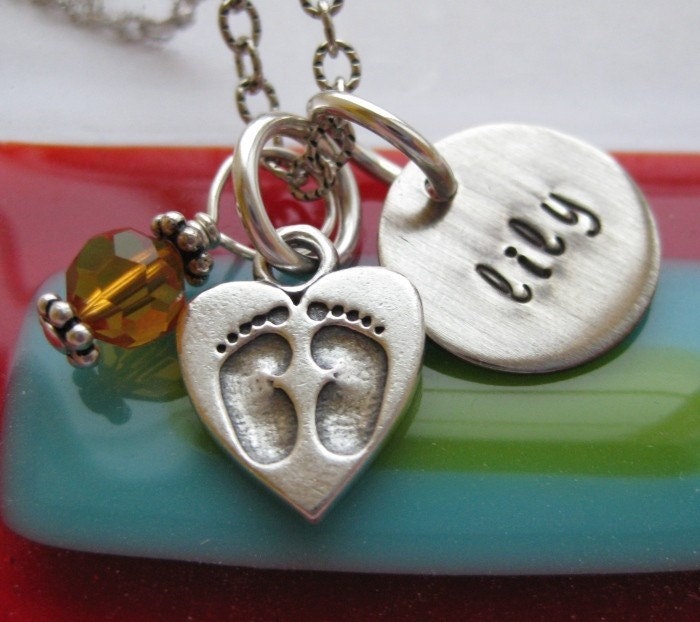 Hand Stamped Mothers Necklace with Baby Foot prints Heart and Birthstone