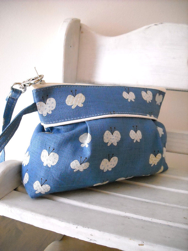 SALE - White Butterfly - Zipper Pouch with Clip
