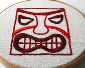 Red Tiki Head Hand Embroidered Wall Decor Hoop Art
