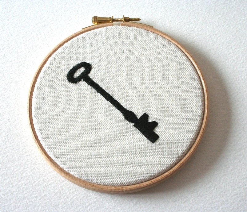 Black Skeleton Key Hand Embroidered Wall Plaque Hanging Art
