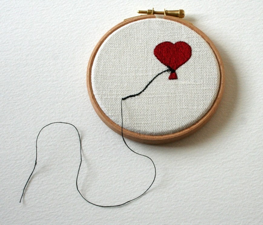 Heart Shaped Balloon Stitched Illustration Wall Plaque