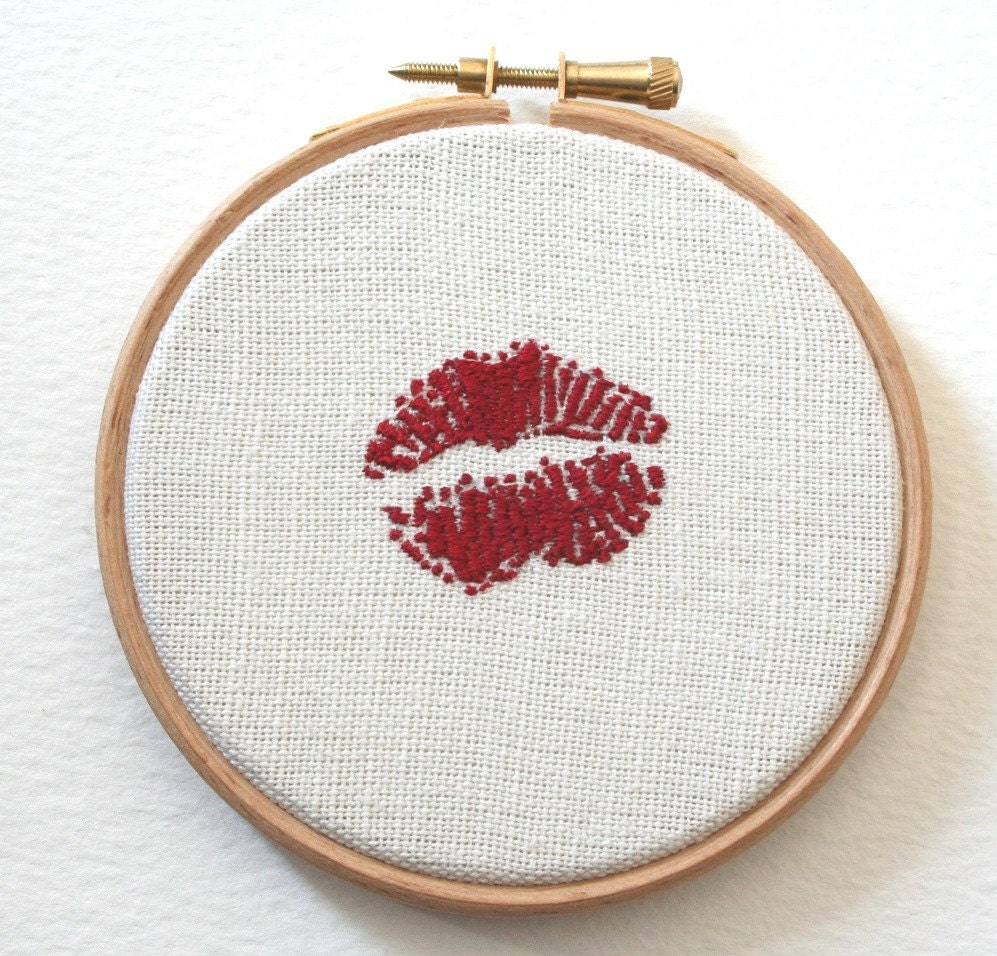 Bright Red Lipstick Traces Hand Embroidered Wall Plaque Hoop Art