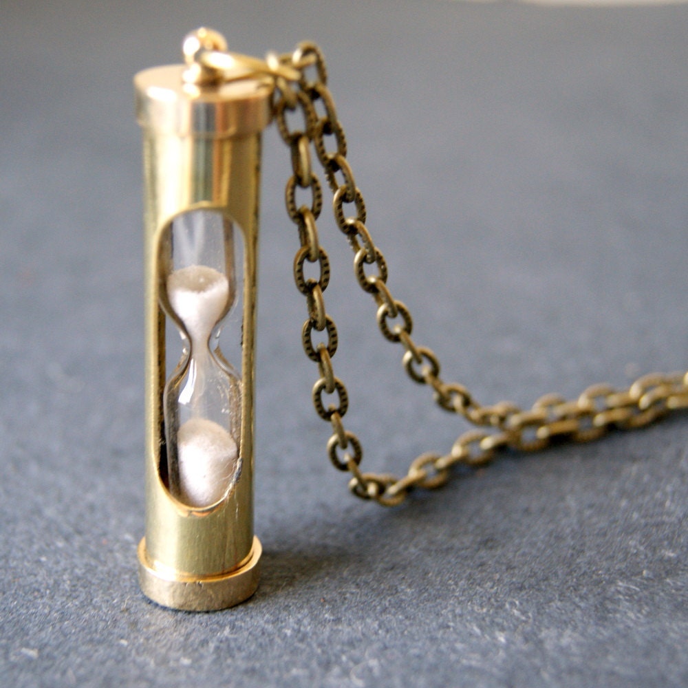 Hourglass Necklace - brass sand timer - antiqued brass chain - BlackStar
