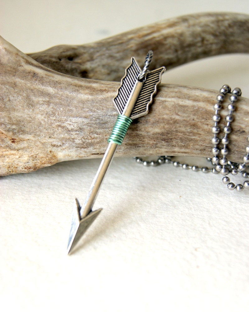 Silver Arrow Necklace - mint green wire wrapped arrow pendant,  Unisex Fashion - Handmade by BlackStar - BlackStar