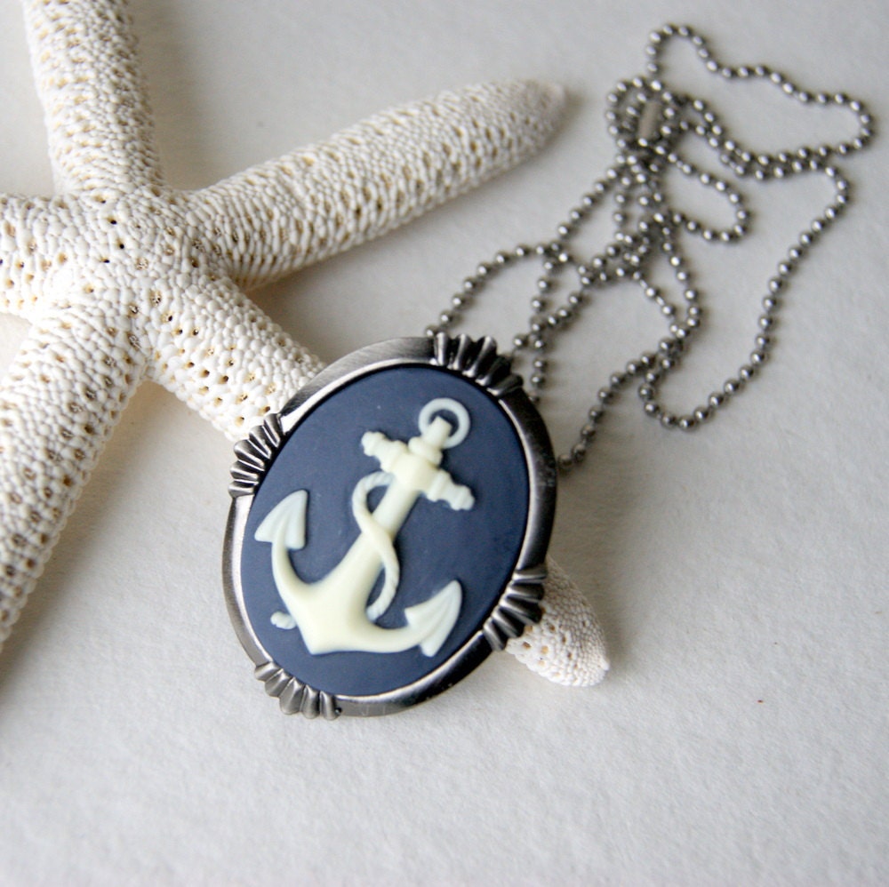 Anchor Necklace - ivory anchor, navy background, cameo, brooch, nautical fashion, summer fashion