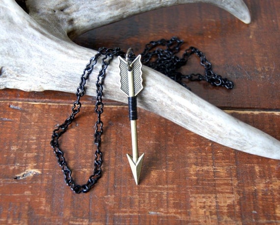 Arrow Necklace - black wire wrapped antiqued brass arrow pendant - archery - unisex fashion - Handmade by BlackStar