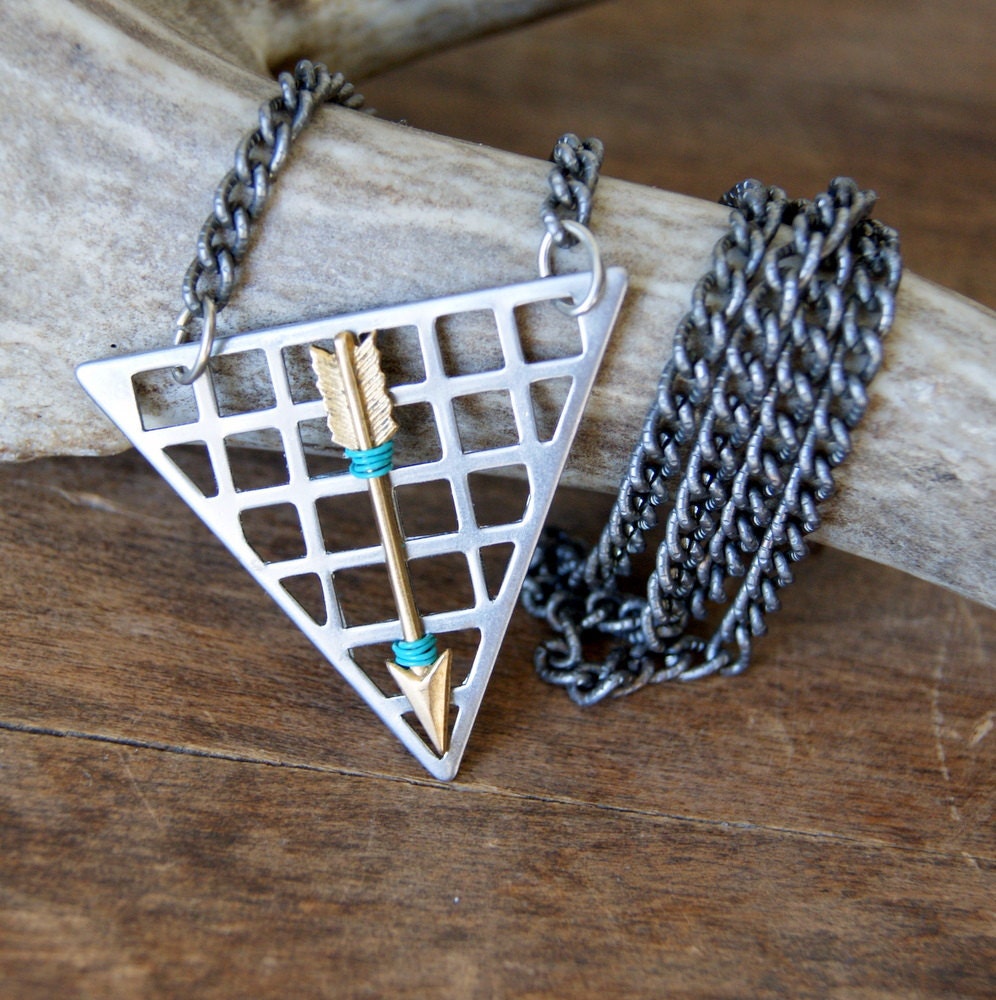 Arrow and triangle necklace, brass wire wrapped arrow, steel triangle pendant, geometric, archery - gift under 50