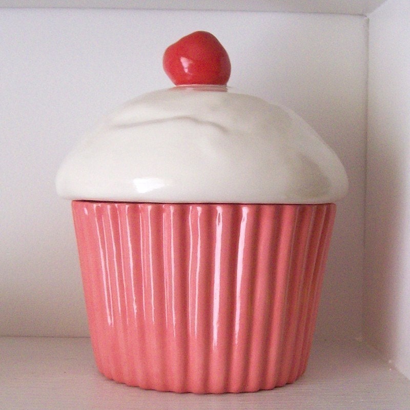 Ceramic Strawberry Pink Cupcake Cookie Jar