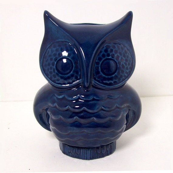 Ceramic Owl Planter Vintage Design Navy Blue