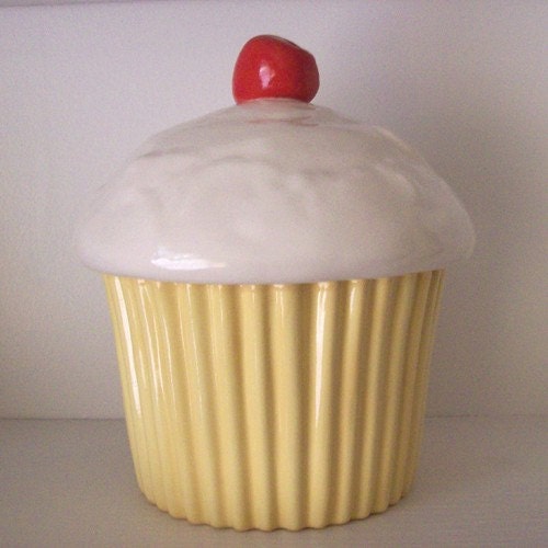 Ceramic Cupcake Cookie Jar with Cherry Buttercream by fruitflypie