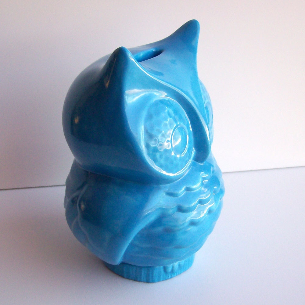 Ceramic Owl Bank Vintage Design Turquoise Blue