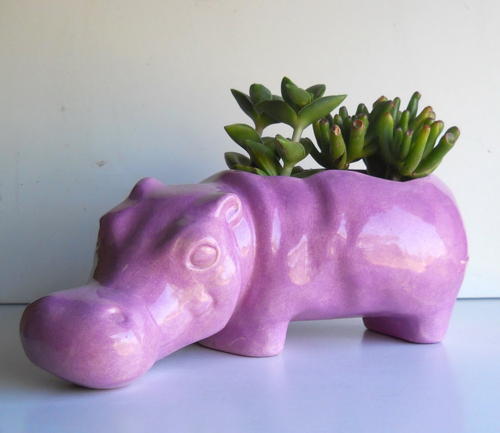 Ceramic Hippo Planter Vintage Design Lavender