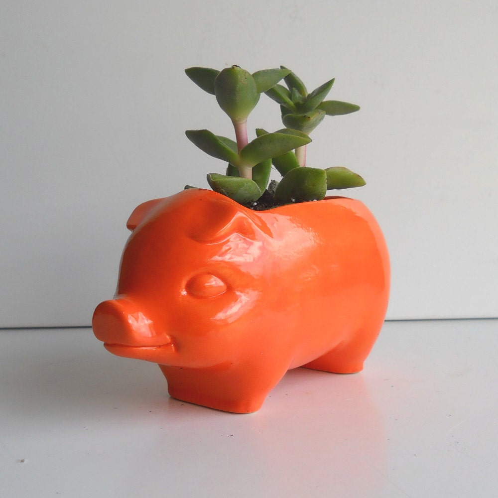 Ceramic 60s Mini Desk Pig Planter Vintage Design in Orange
