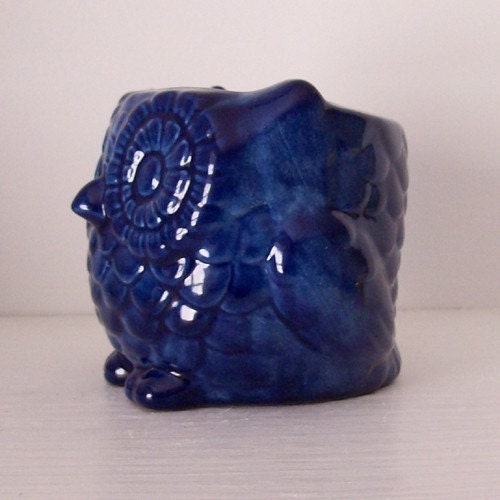 Ceramic Mini Owl Desk Planter Vintage Design in Navy