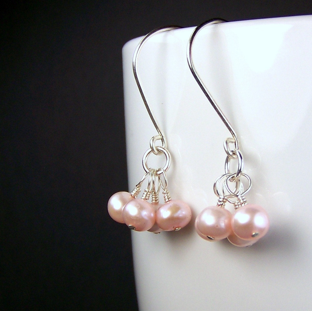 Light Pink Pearl Cluster Earrings in Sterling Silver Sterling Silver Freshwater Culture Pearl Earrings Pale Pink Jewelry