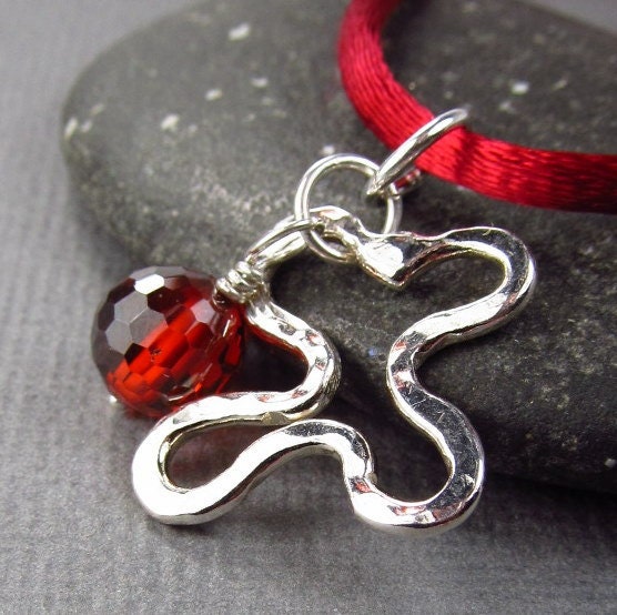 Red Ink Blot Pendant - Hammered Fine Silver (.999) Ribbon Necklace Artist Pendant Painter Pendant Hammered Silver Jewelry