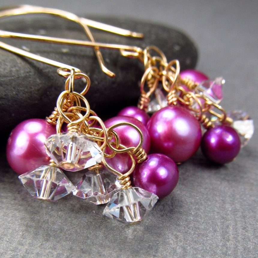 Gold Pink Cluster Earrings Freshwater Culture Pearl & Crystal Jewelry Pink Jewelry